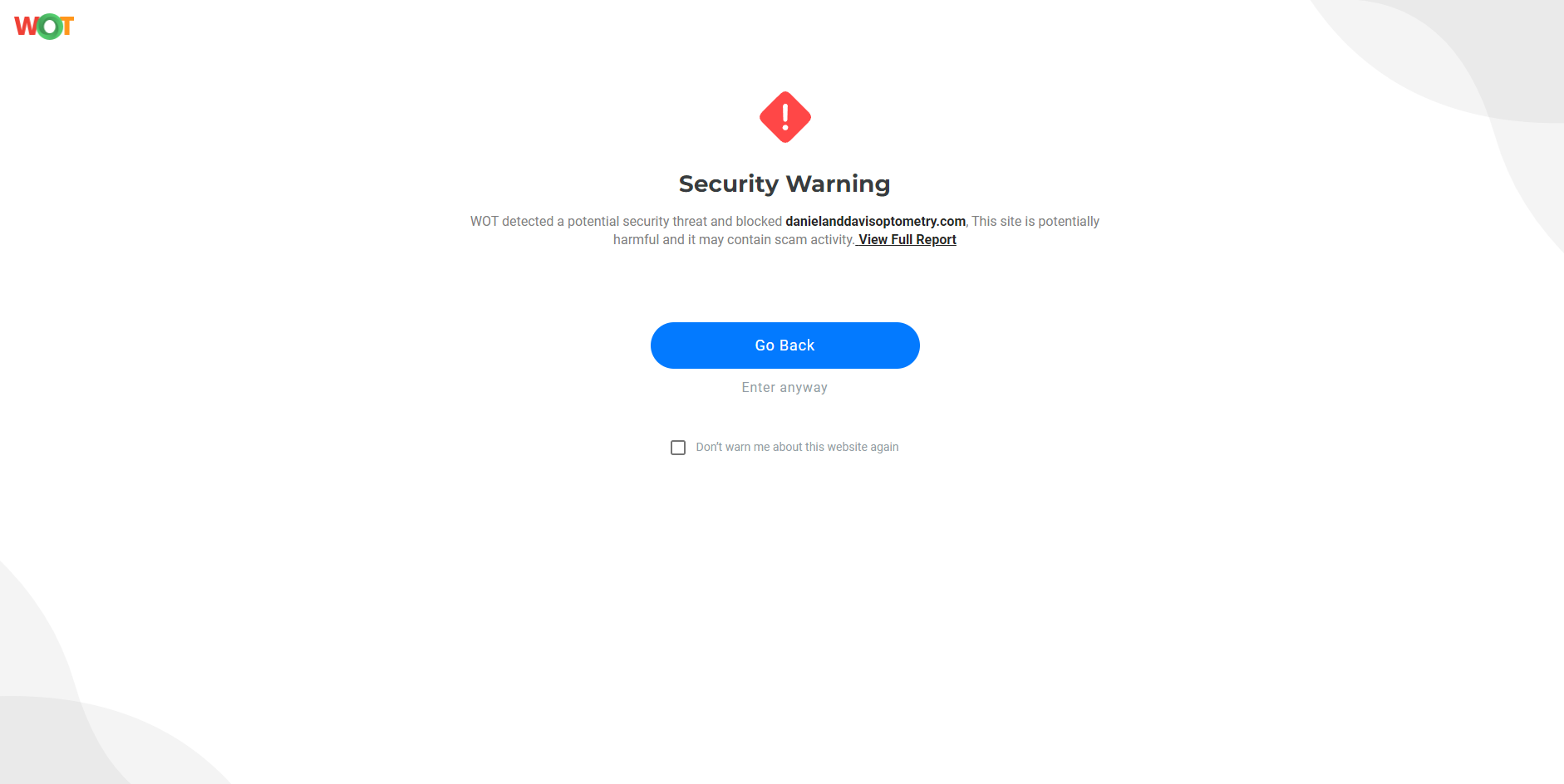 A security warning from WOT safe browsing feature